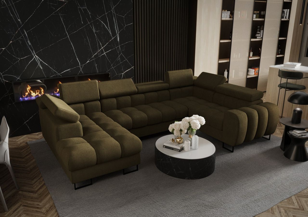 Wohnlandschaft Schlafsofa BASTIEN in Stoff Moly Dunkelgrün Ottomane Links