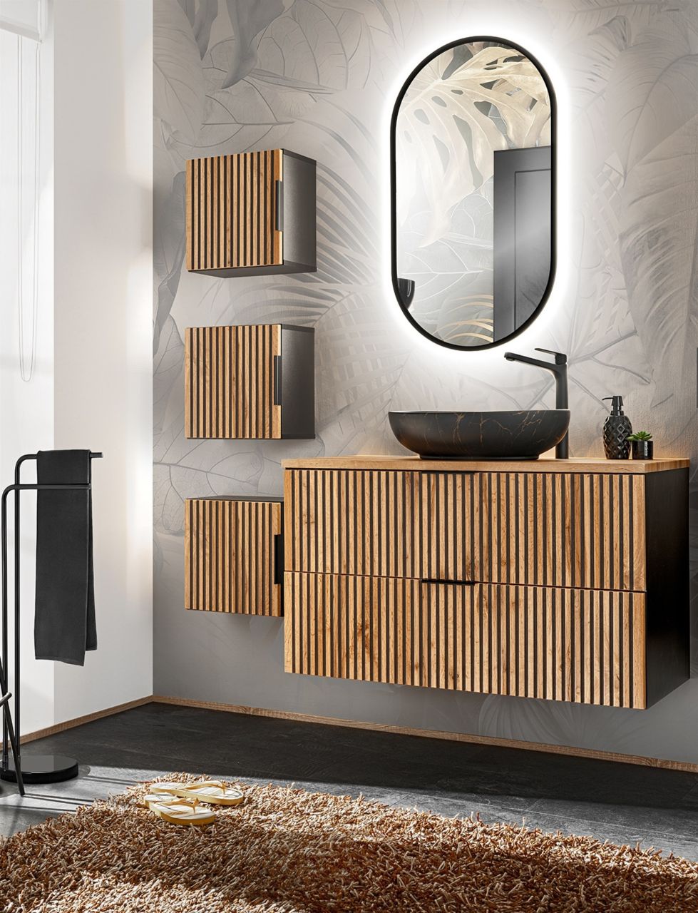 Badmöbel Set 5-tlg Badezimmerset ARMON Wotan Eiche Schrank 100cm ohne Waschtisch