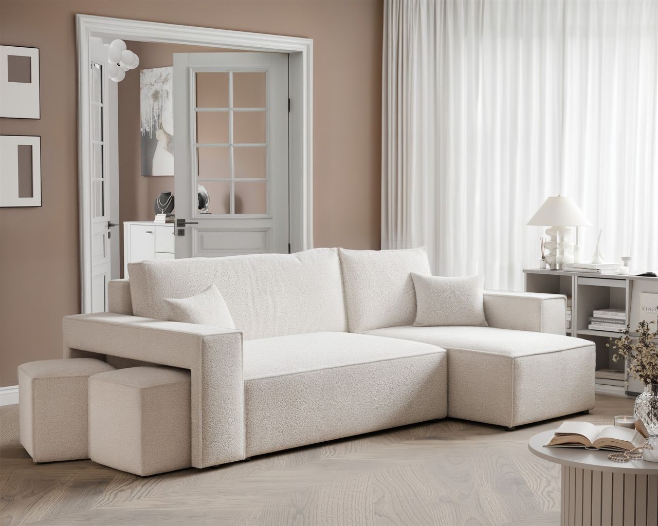 Ecksofa Schlafsofa Sofa ADARA inkl. Hocker in Stoff Centaur Creme Ottomane Re...