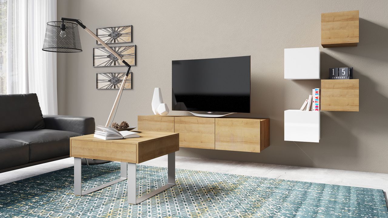 Couchtisch Wohnzimmertisch KAVOS mit Schublade 63,5x63,5cm Gold Eiche