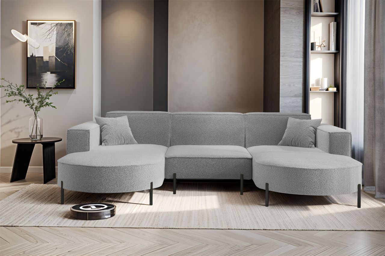 Wohnlandschaft U-Form Sofa VALENCIA in Stoff Quelle Hellgrau