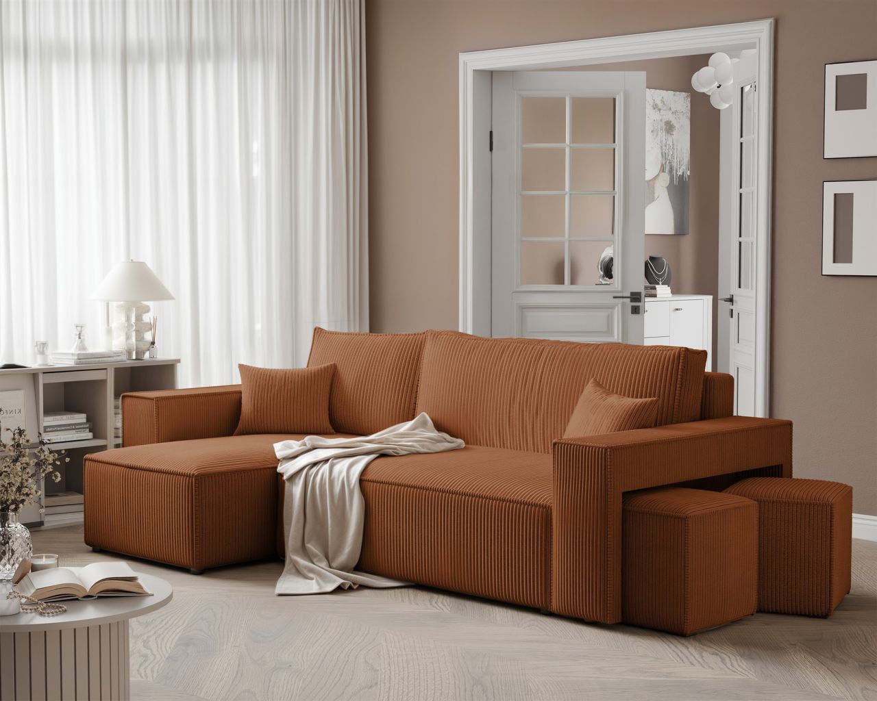 Ecksofa Schlafsofa Sofa ADARA inkl. Hocker Stoff Poso Rostbraun Ottomane Links