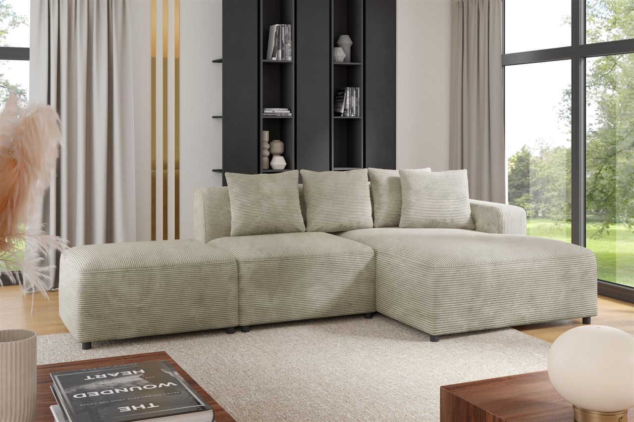 Ecksofa Designersofa MEGAN XS inkl. Hocker Stoff Poso Beige Ottomane Rechts