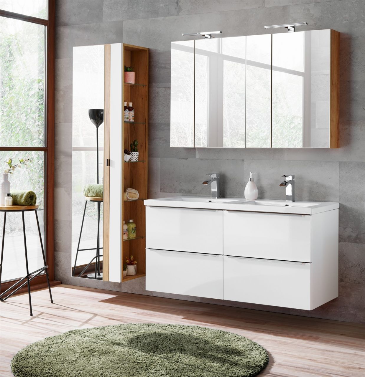 Badmöbel Set 6-tlg Badezimmerset PERUGIA Weiß HGL inkl.Waschbecken