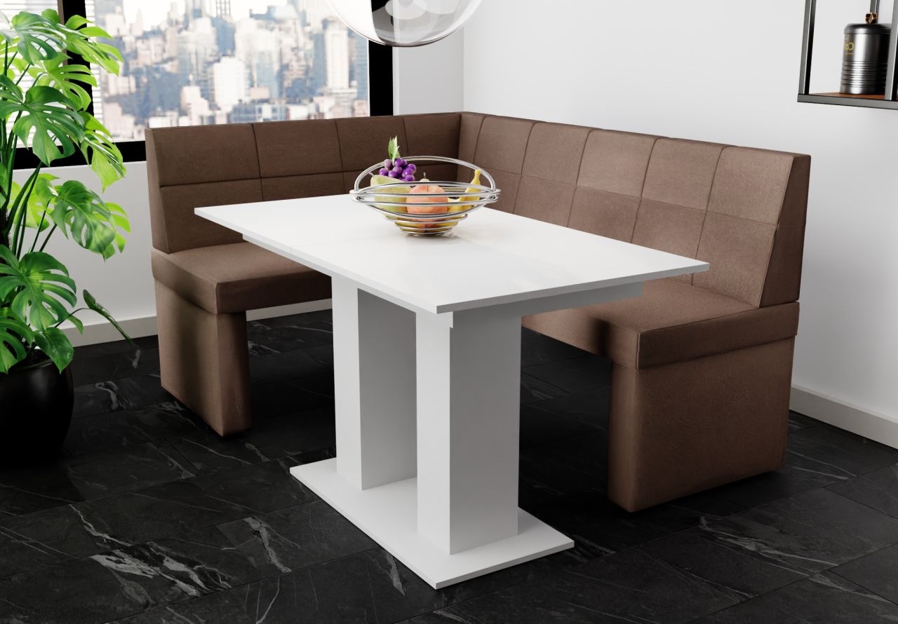 Eckbankgruppe 196x142 cm BLAKE XL R Stoff Soro Braun / Esstisch DANTE Weiß