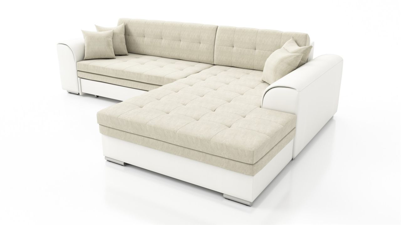 Couchgarnitur SARRA Weiss- Beige mit Schlaffunktion Ottomane Rechts