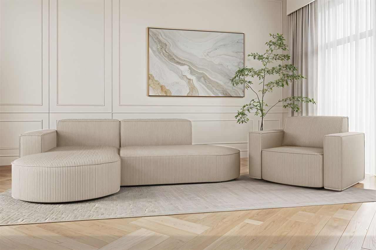 Sofa Set 2-teilig Sessel und Ecksofa PALMA XS Stoff Scala Sand Ottomane Links