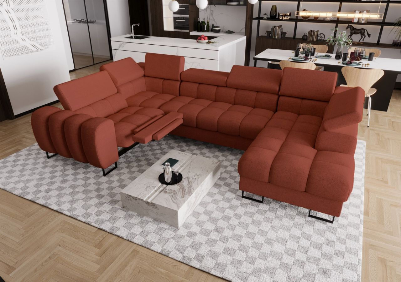 Wohnlandschaft Schlafsofa BASTIEN RELAX in Stoff Moly Ziegelrot Ottomane Rechts