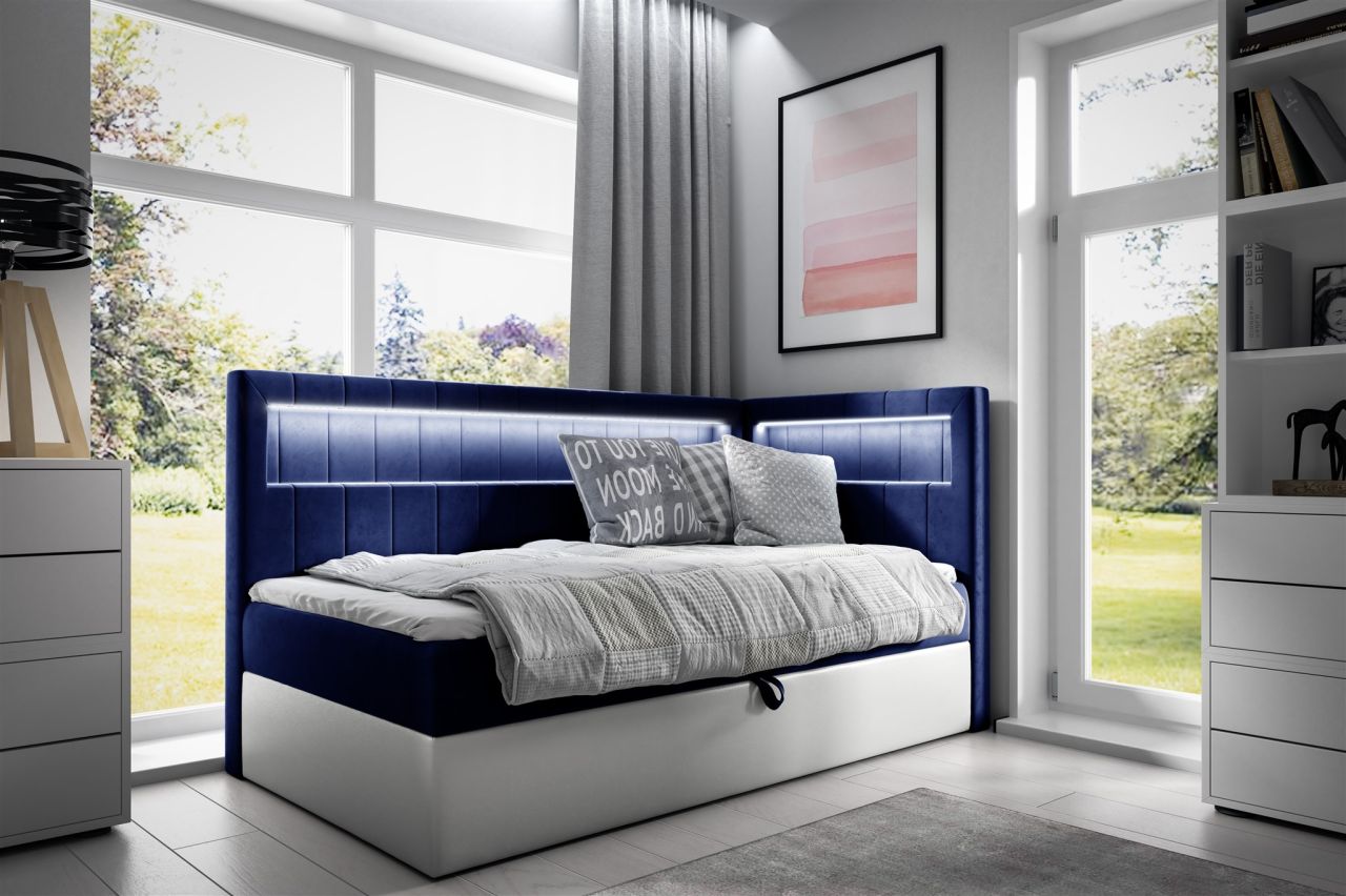 Boxspringbett Gästebett Kinderbett FABIAN Nr.3 90x200cm Weiss-Blau Seite Rechts