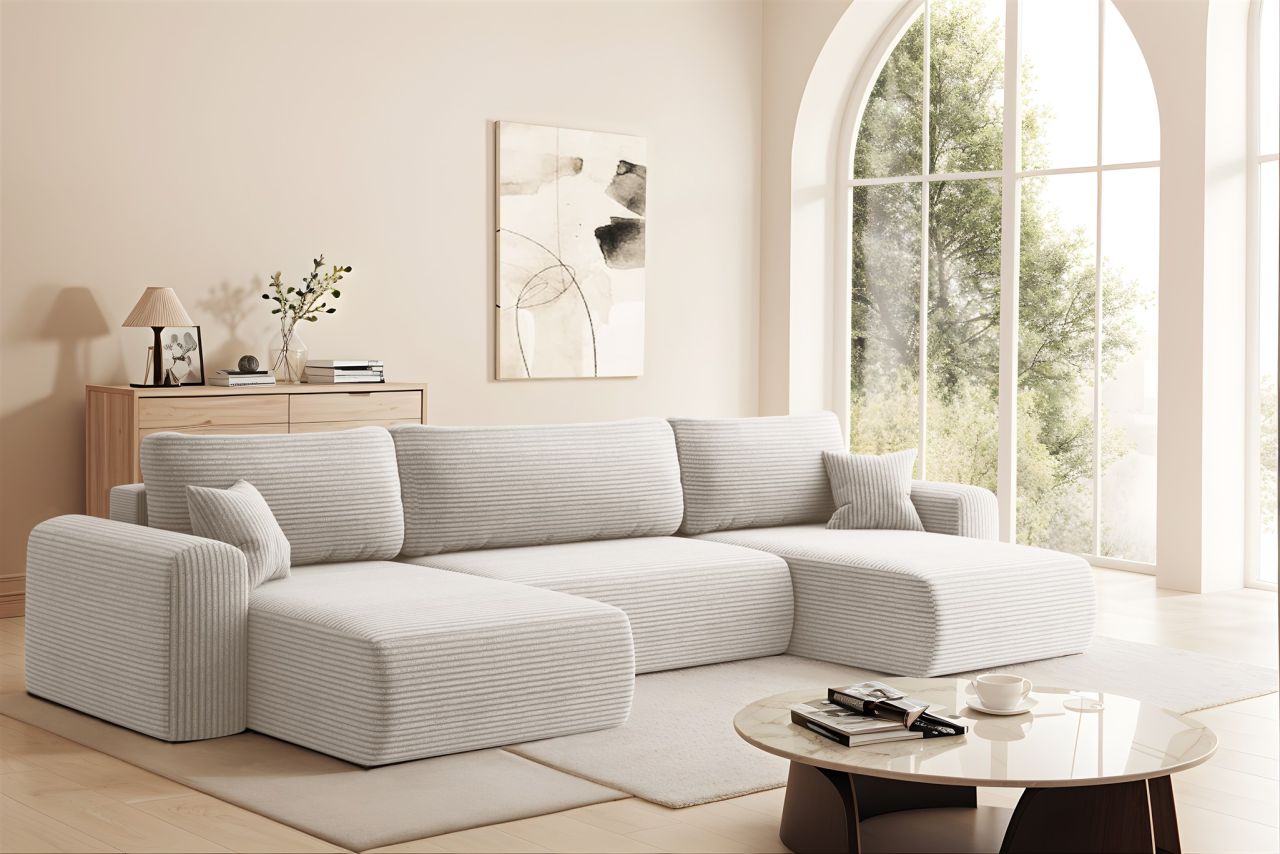 Wohnlandschaft Sofa mit Schlaffunktion FLORA Stoff Poso Altweiß