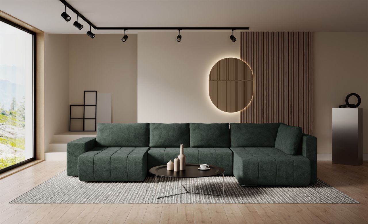 Wohnlandschaft Schlafsofa ARMANDA in Stoff Blur Grün langer Schenkel Rechts