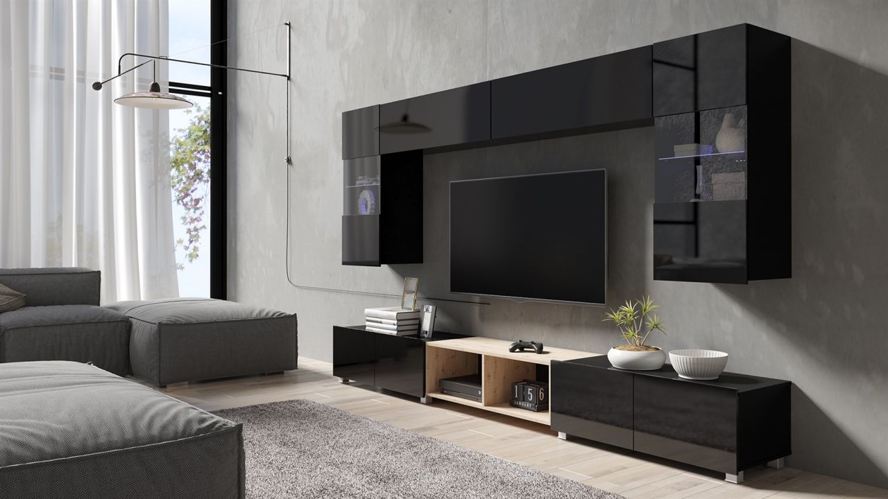 Mediawand Wohnwand 7 tlg - KAVOS 4 - Schwarz Hochglanz inkl.LED