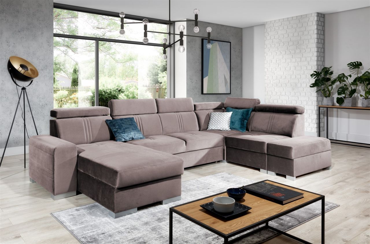 Wohnlandschaft Schlafsofa NOLAN USB Stoff Monolith Pastellviolett Ottomane Links