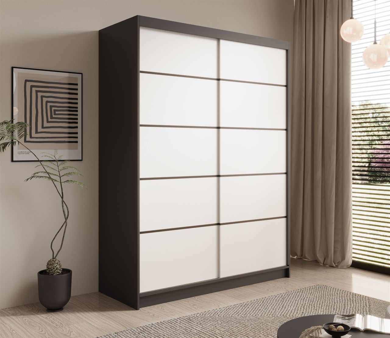 Schiebetürenschrank Schrank CALNT Schwarz- Weiß matt 150x200x58 cm