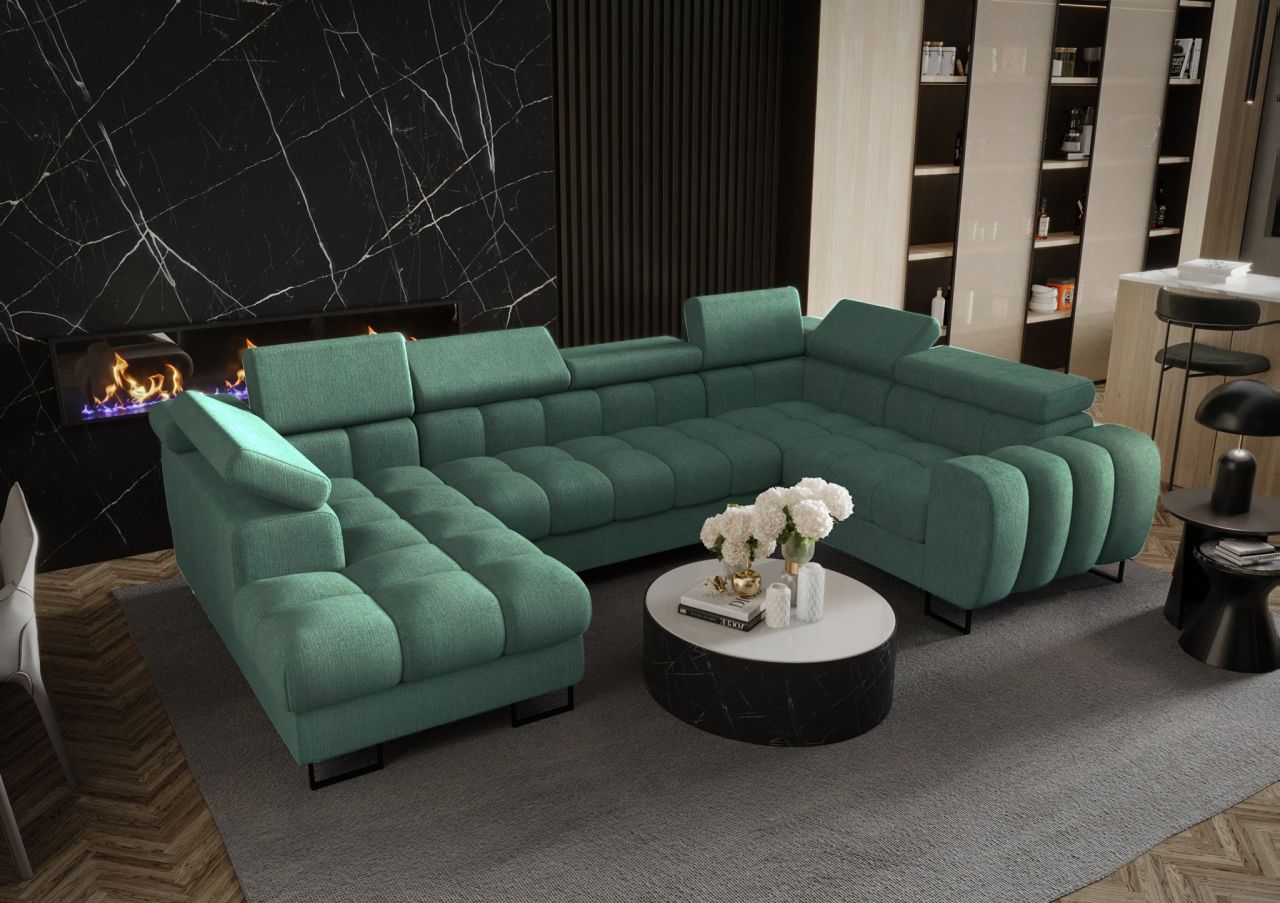 Wohnlandschaft Schlafsofa BASTIEN in Stoff Moly Grün Ottomane Links