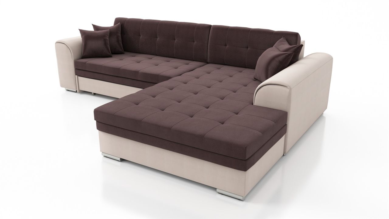 Couchgarnitur SARRA Beige-Schokolade mit Schlaffunktion Ottomane Rechts