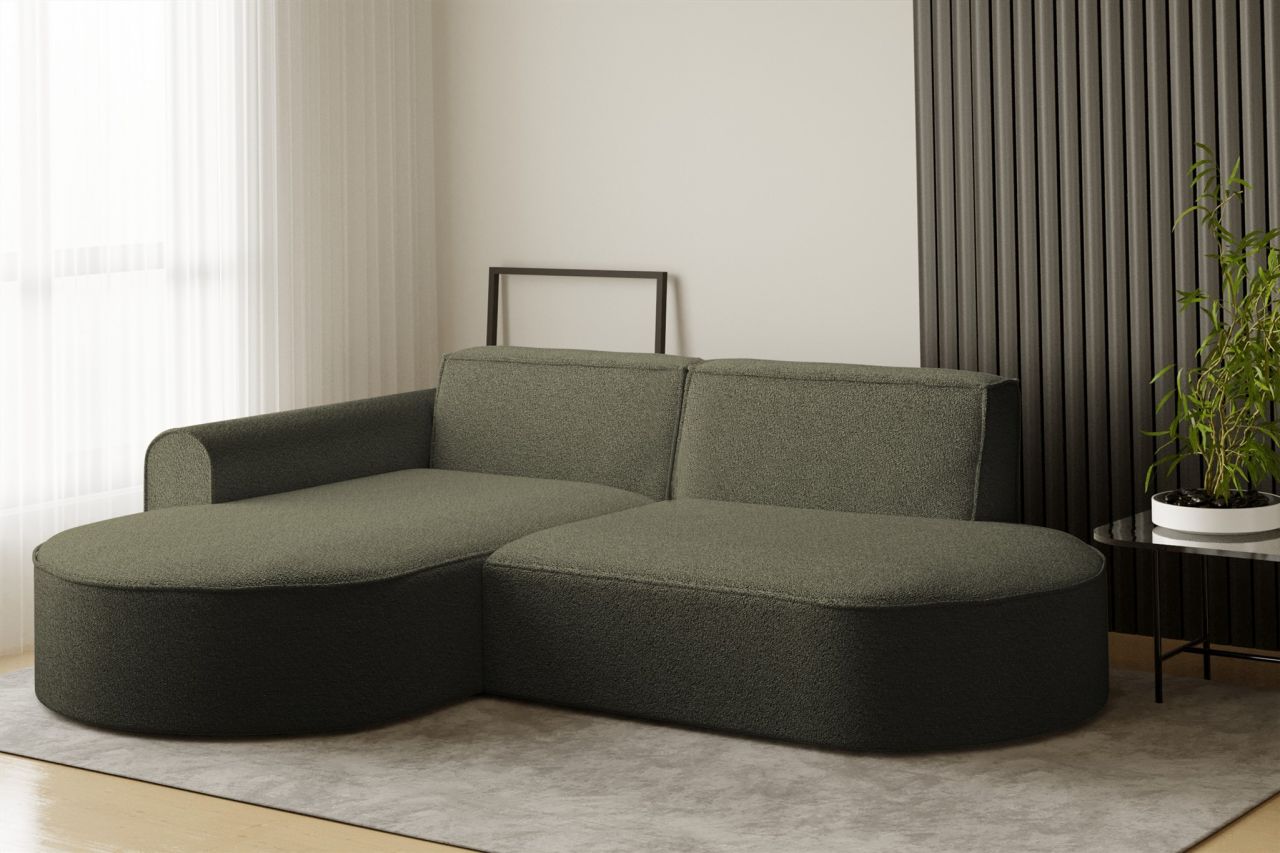 Ecksofa Designersofa BONDY in Stoff Ascot Grün Ottomane Links