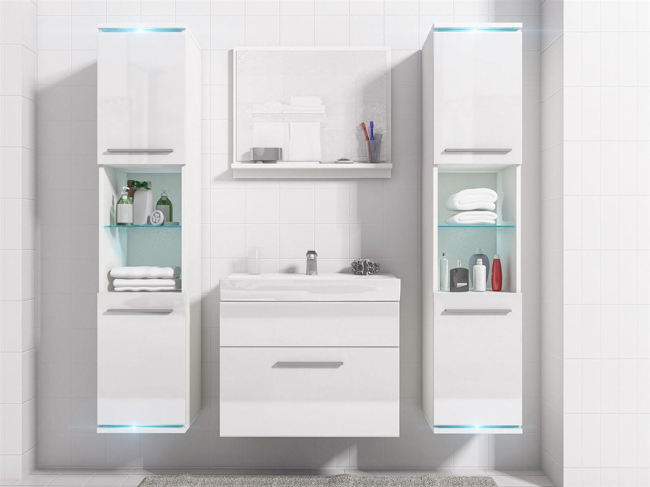 Badmöbel Set 5-Tlg Weiss Hochglanz TOPLINE inkl.Waschtisch inkl.LED