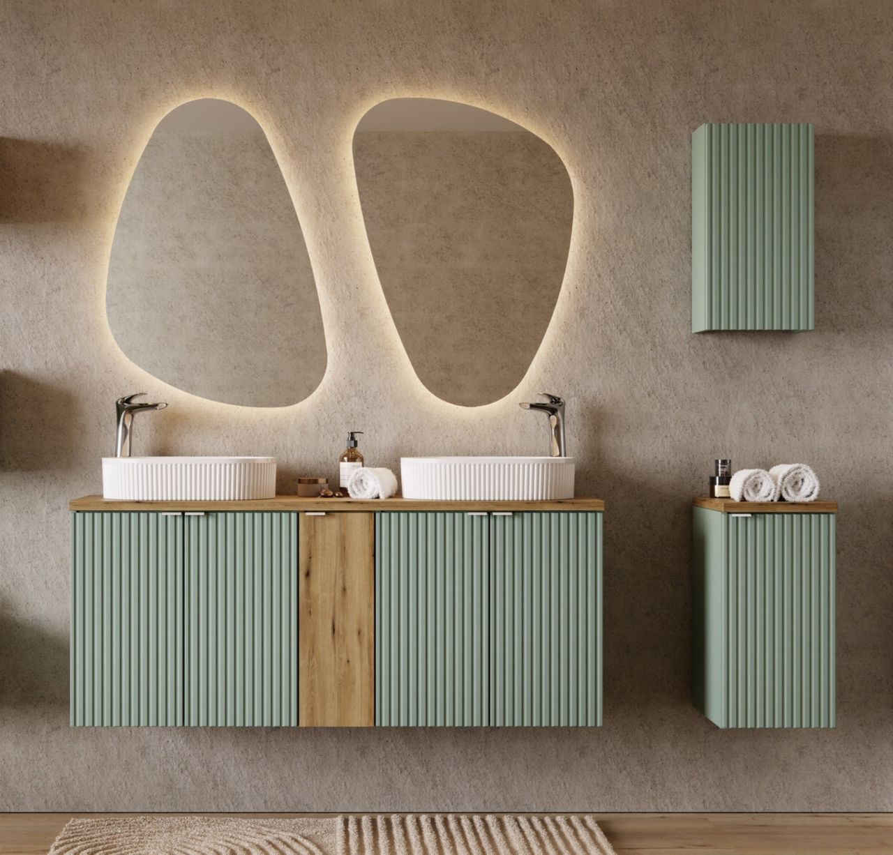 Badmöbel Set 9-tlg Badezimmerset PANTIN Salbeigrün inkl. 2 x Waschtisch