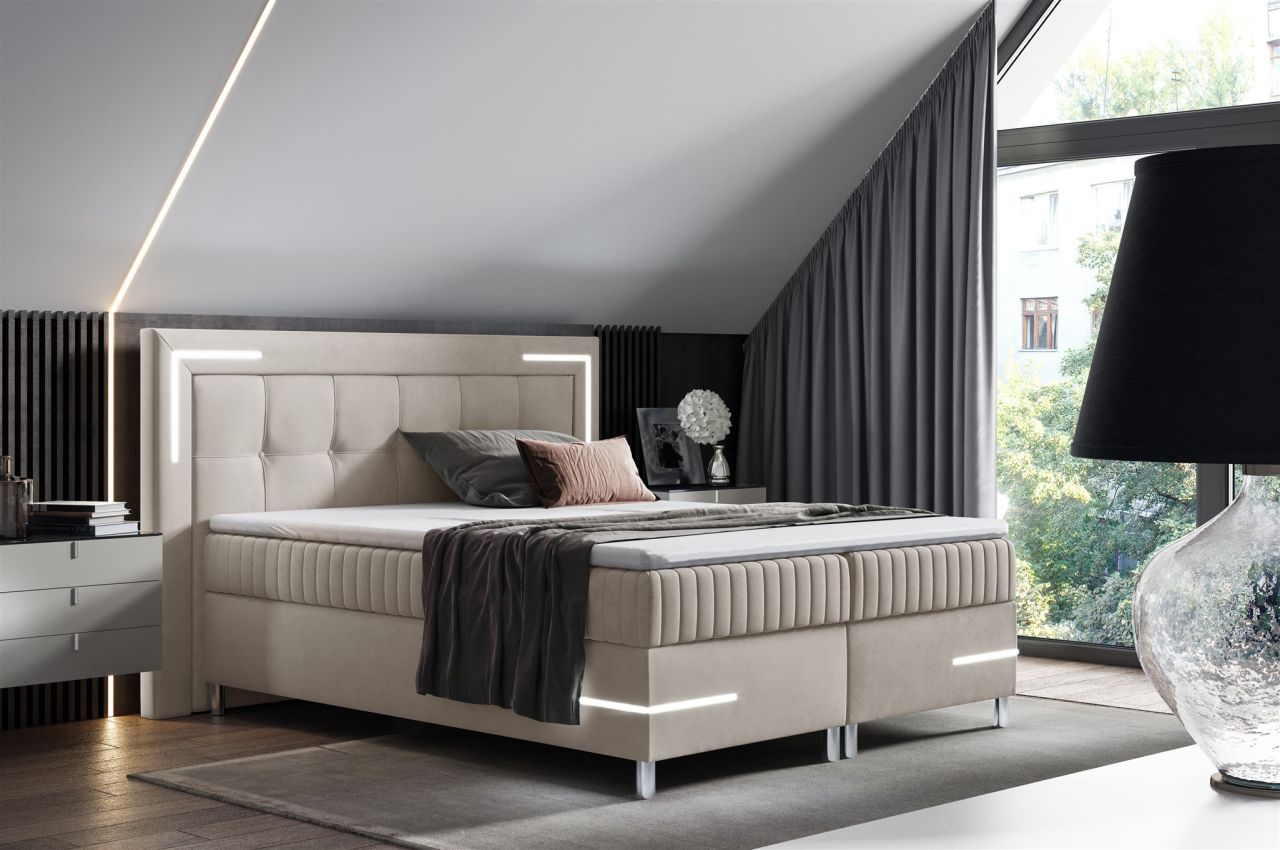 Boxspringbett Schlafzimmerbett 180x200cm AMORE Nr.1 Beige inkl. LED-Beleuchtung