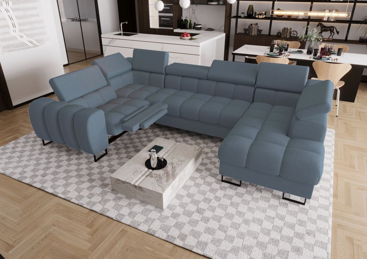 Wohnlandschaft Schlafsofa BASTIEN RELAX in Stoff Gemma Blau Ottomane Rechts