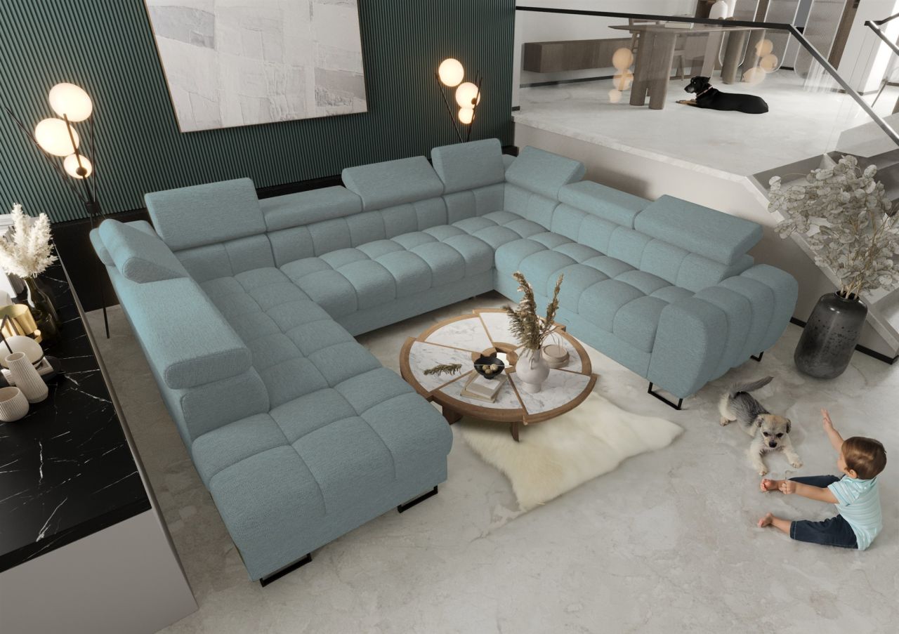 Wohnlandschaft Schlafsofa BASTIEN XL in Stoff Aragon Türkis Ottomane Links