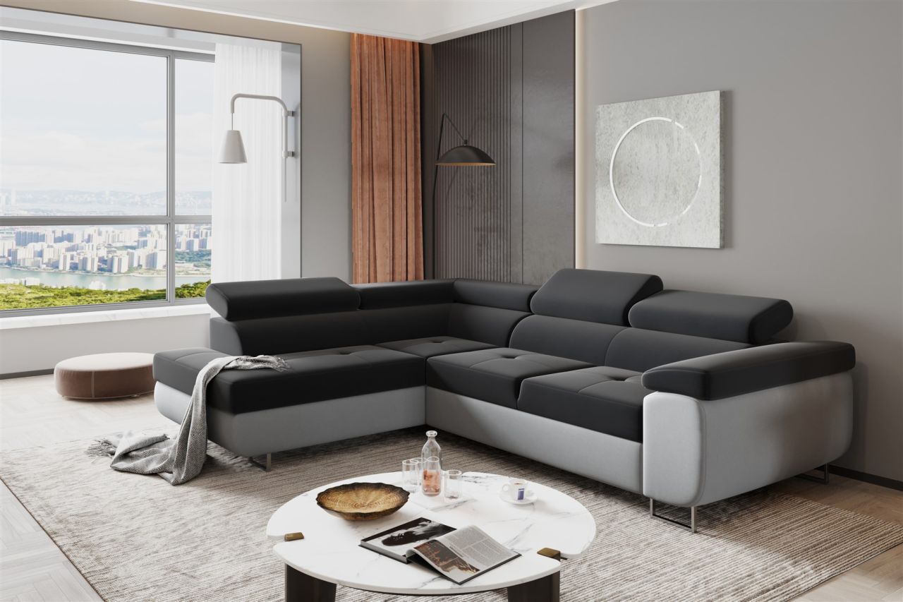 Couchgarnitur JADE Stoff Hellgrau-Anthrazit mit Schlaffunktion Ottomane Links