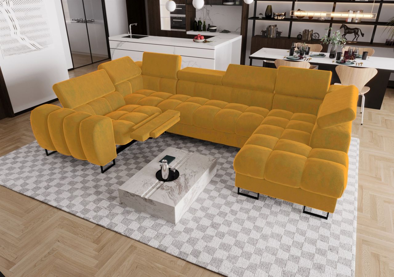 Wohnlandschaft Schlafsofa BASTIEN RELAX in Stoff Terra Honiggelb Ottomane Rechts