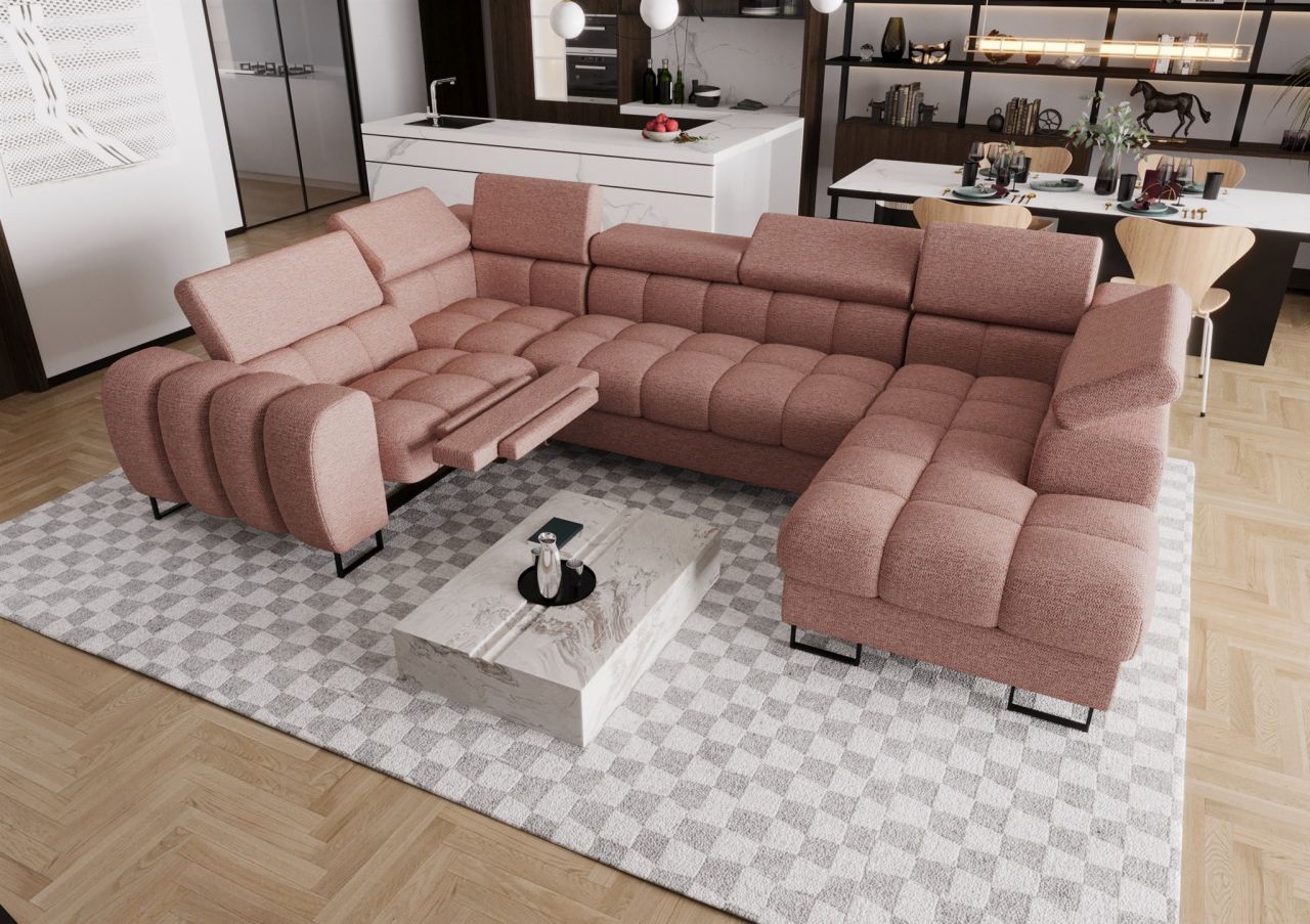 Wohnlandschaft Schlafsofa BASTIEN RELAX in Stoff Aragon Rosa Ottomane Rechts