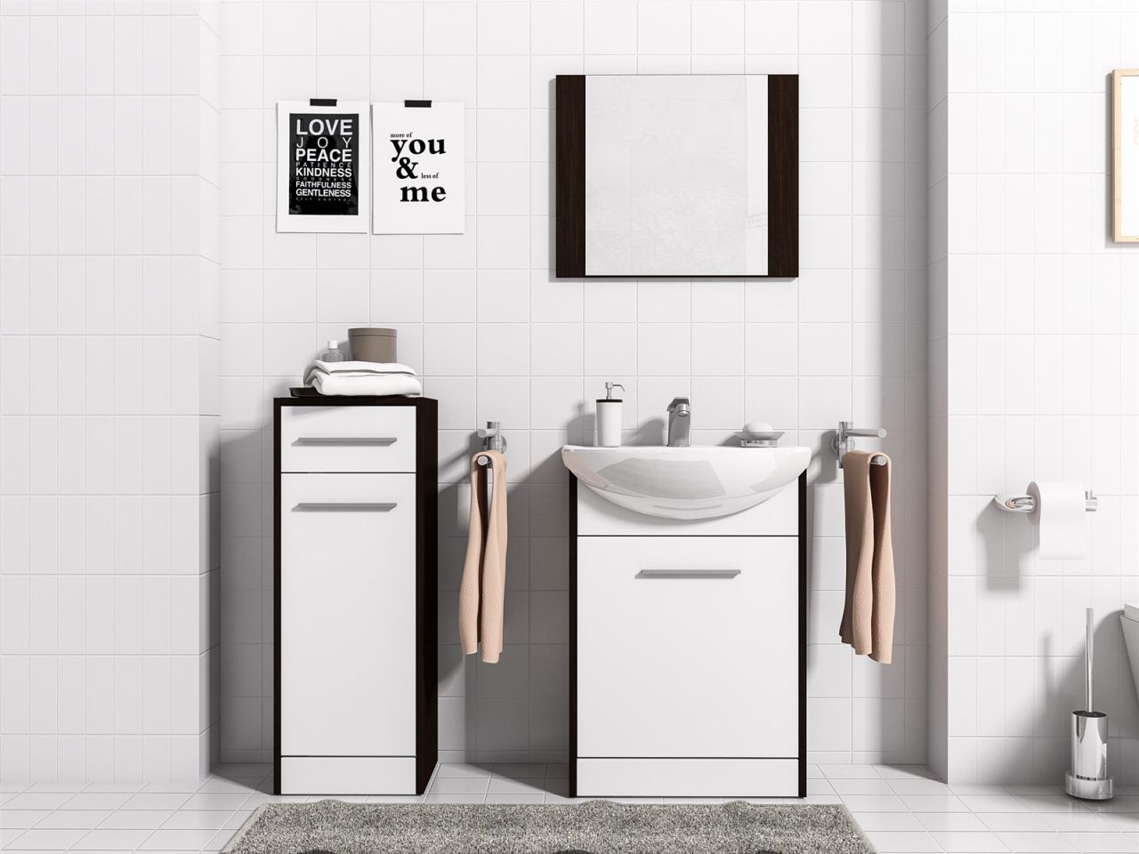 Badmöbel Set 4-Tlg Wenge / Weiss matt PERM Nr.3 inkl.Waschtisch