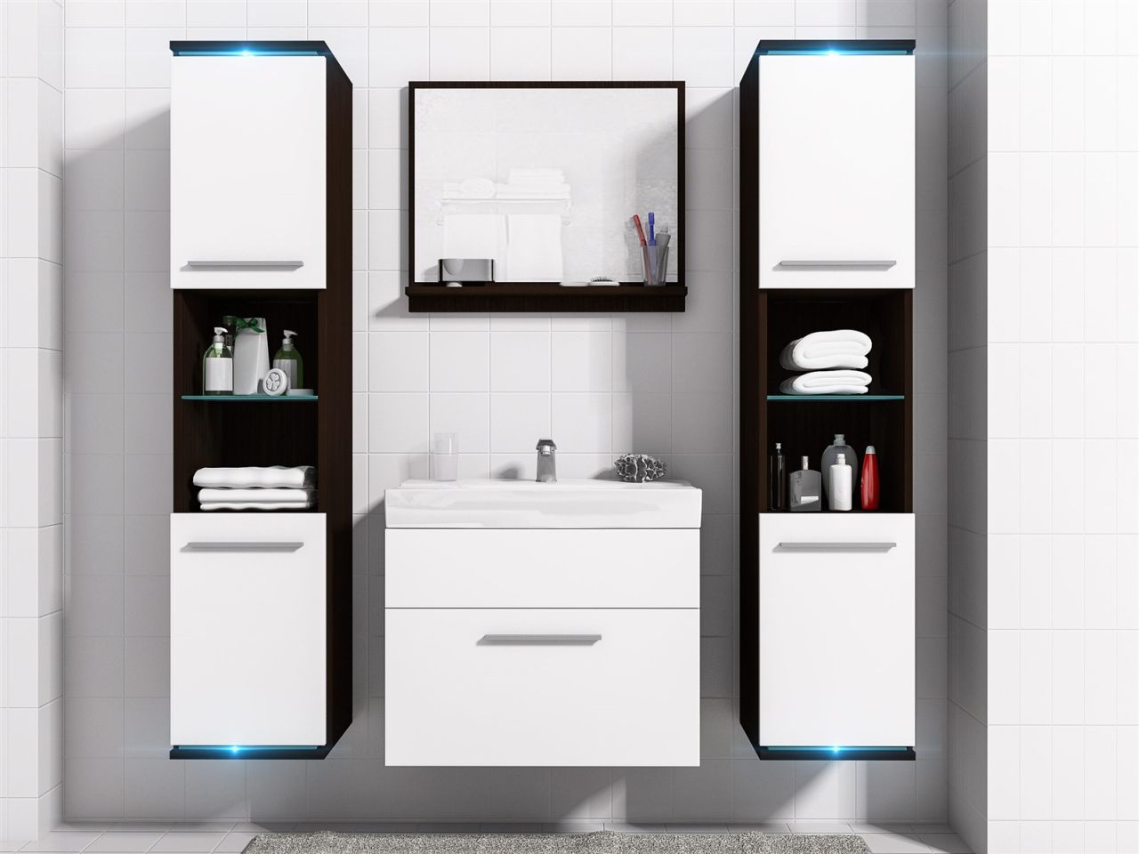 Badmöbel Set 5-Tlg Wenge / Weiss matt TOPLINE inkl.Waschtisch