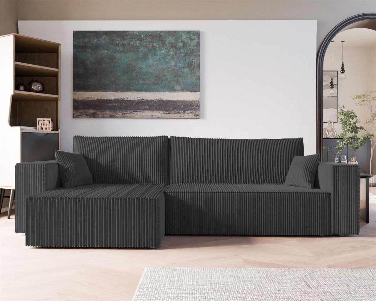 Ecksofa Schlafsofa Sofa ADARA MAX in Stoff Poso Schwarz Ottomane Links