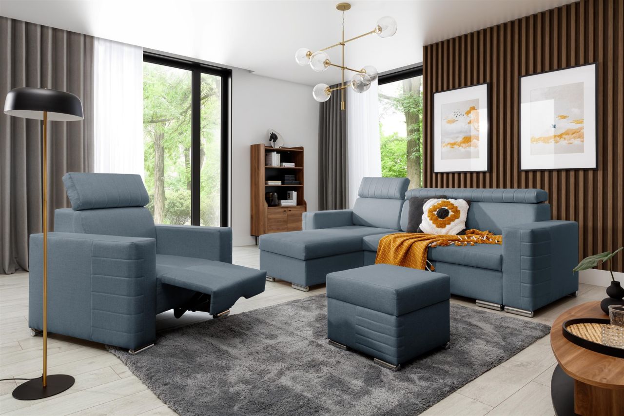 Ecksofa inkl. Hocker und Sessel CANTON Stoff Liverpool Azurblau Ottomane Links