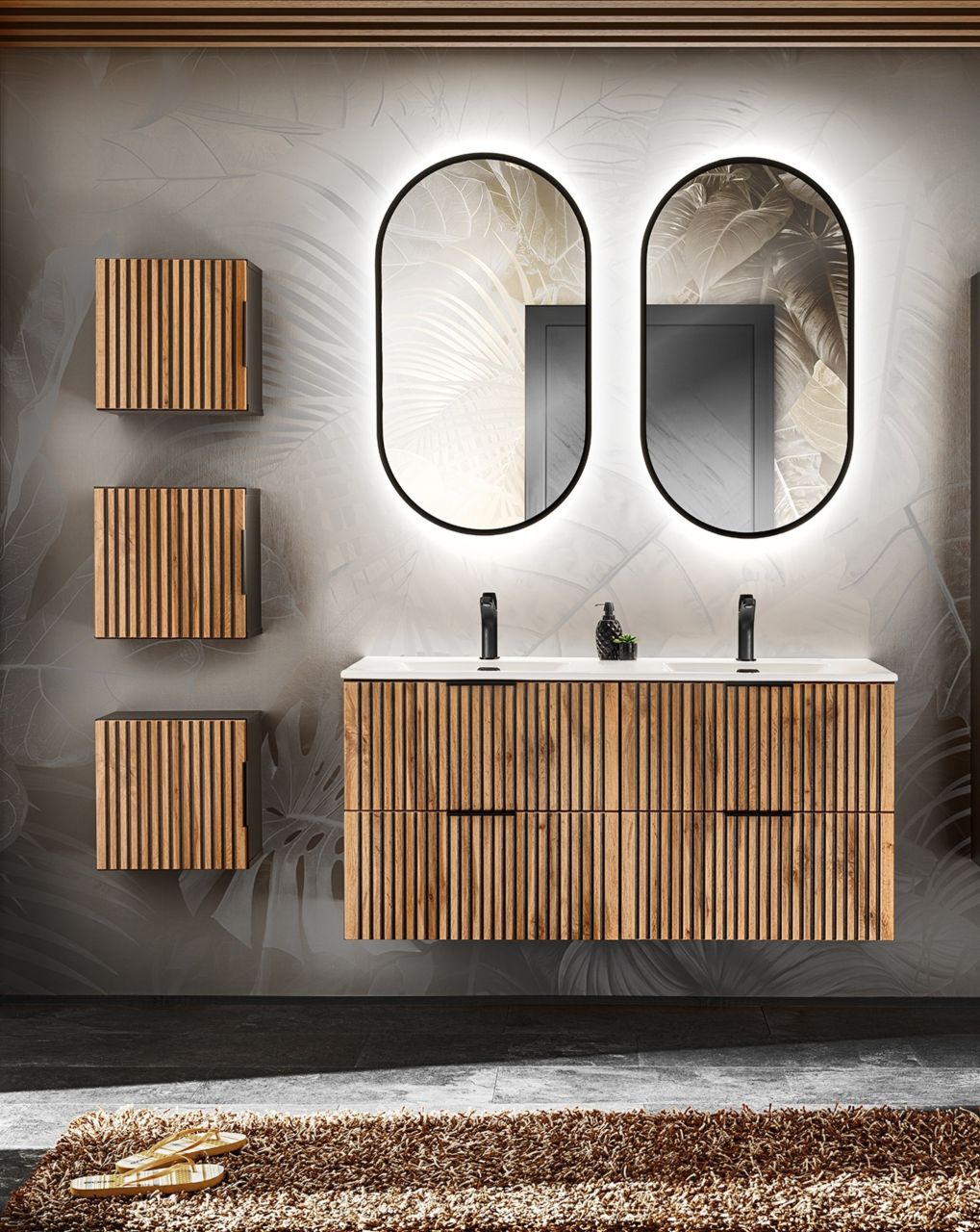 Badmöbel Set 7-tlg Badezimmerset ARMON Wotan Eiche Schrank 120cm inkl. Wascht...