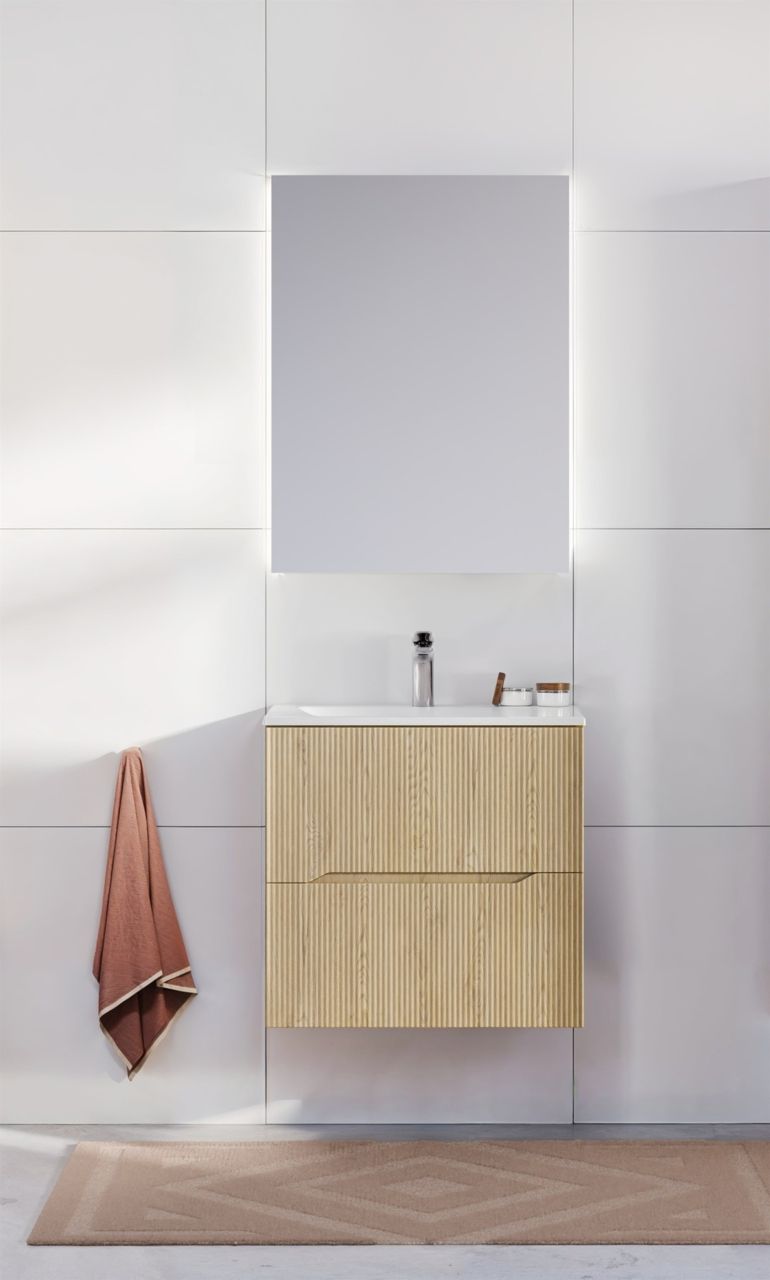 Badmöbel Set 2-tlg Badezimmerset AVOLI Cremona Eiche Spiegel 60cm inkl. Wasch...