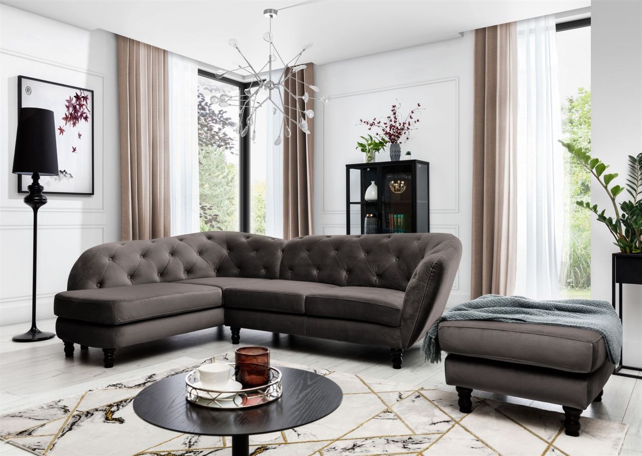 Ecksofa inkl.Hocker CHARLOTTE in Stoff Matt Velvet Braun Ottomane Links