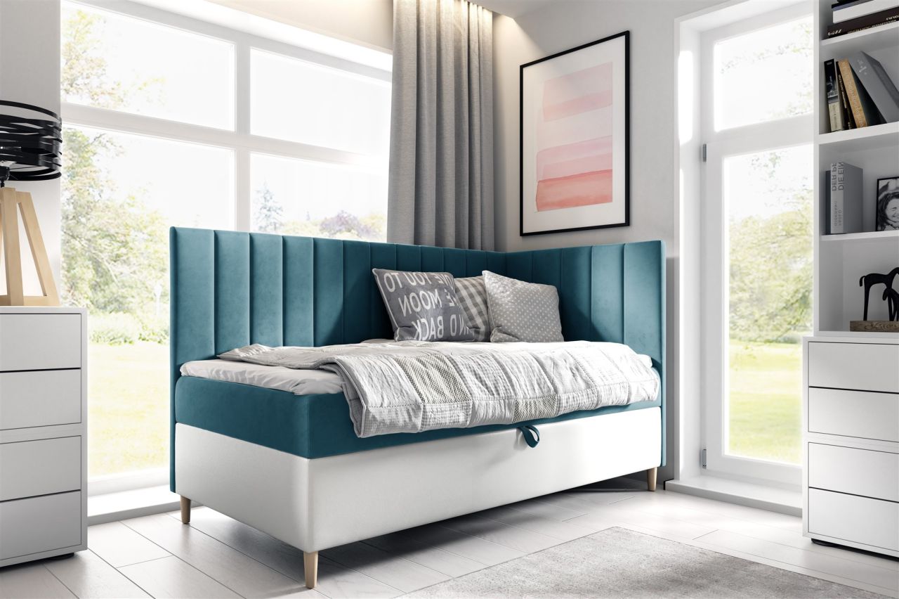 Boxspringbett Gästebett Kinderbett HELVI Nr.3 80x200cm Weiss-Türkis Seite Rechts