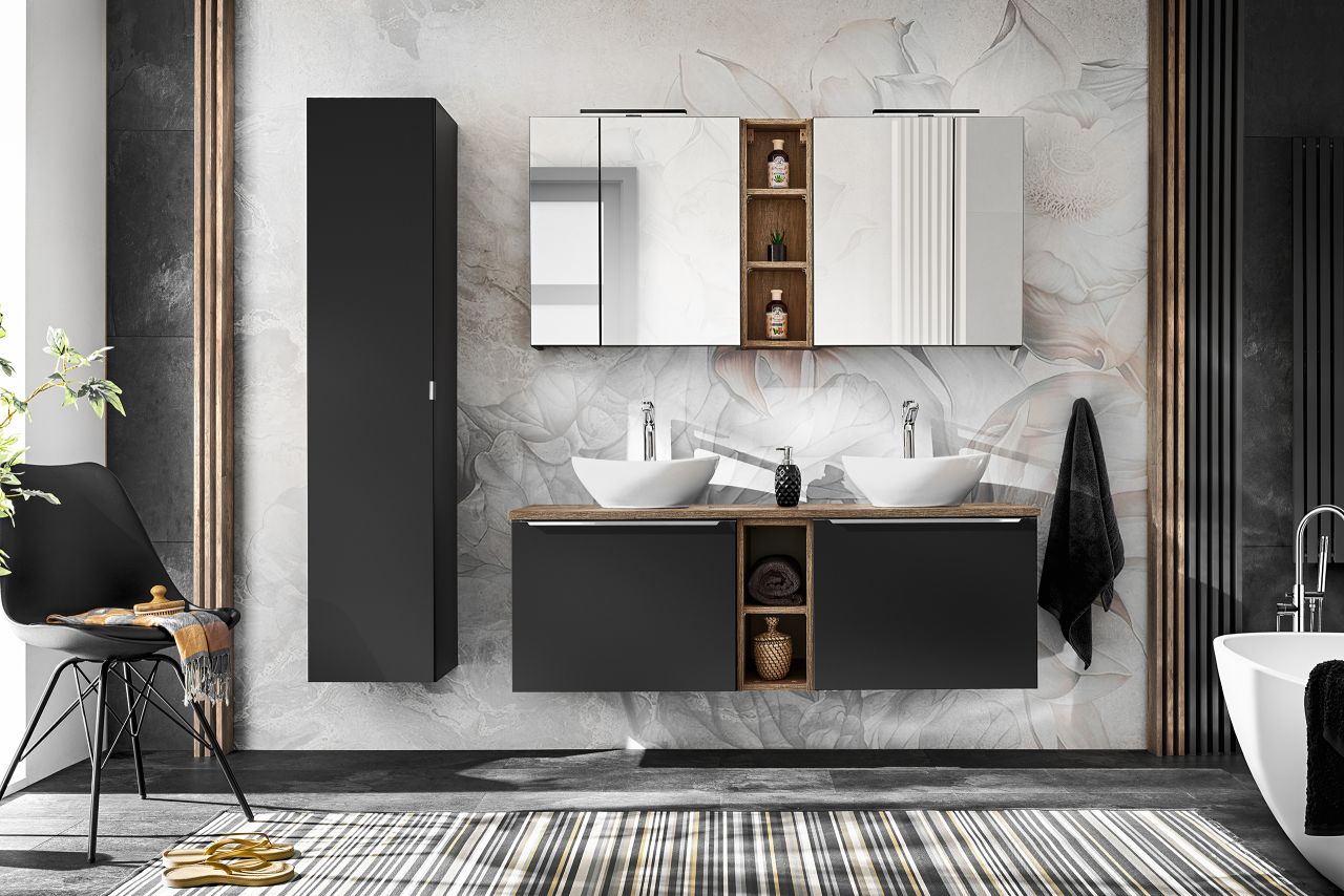 Badmöbel Set 7-tlg Badezimmerset AKAN Schwarz matt ohne Waschtisch