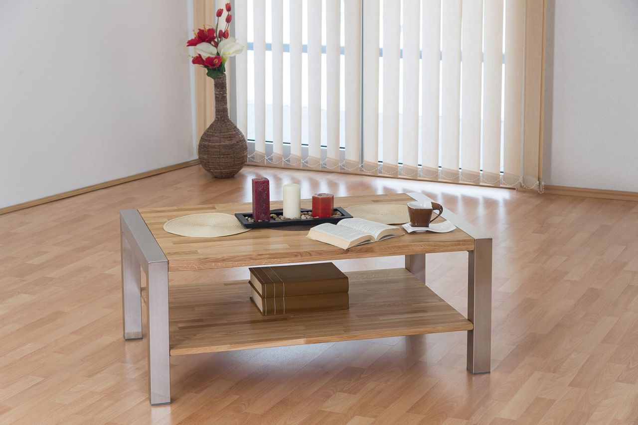 Couchtisch LEON Massivholz Buche mit Edelstahlkufen Größe 110x70 cm