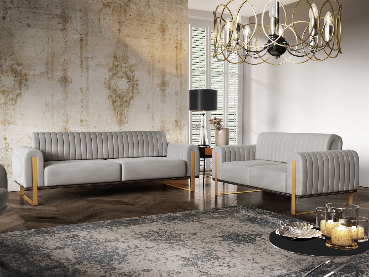 Sofaset Designersofas VALERIE 3-2 in Stoff Stoff Elisa Velvet Hellgrau