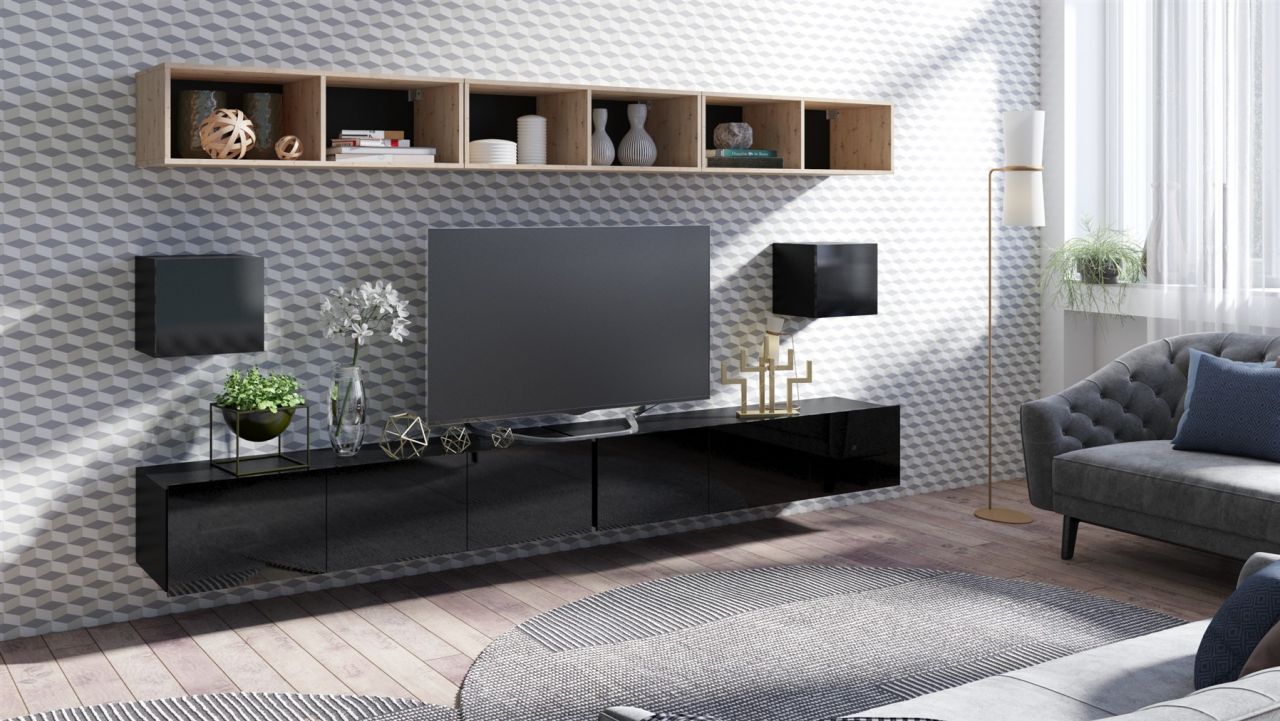 Mediawand Wohnwand 7 tlg - KAVOS 23 - Schwarz Hochglanz