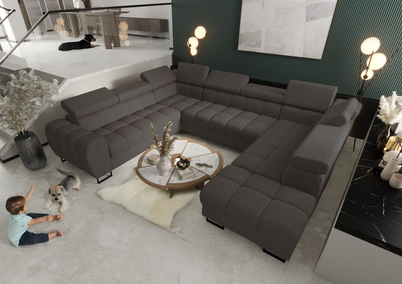 Wohnlandschaft Schlafsofa BASTIEN XL in Stoff Aragon Dunkelgrau Ottomane Rechts