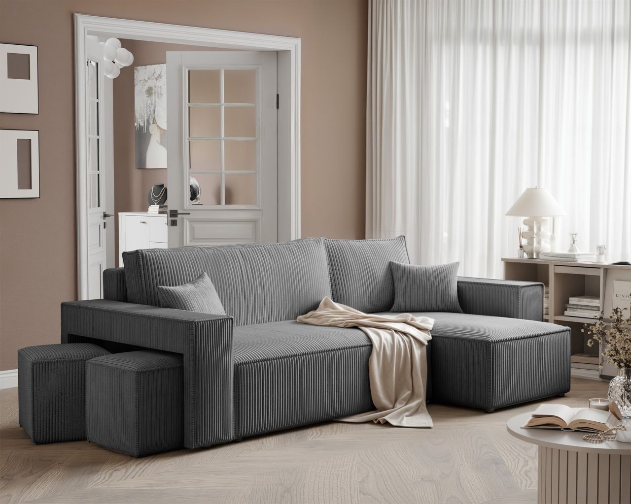 Ecksofa Schlafsofa Sofa ADARA inkl. Hocker Stoff Poso Grau Ottomane Rechts