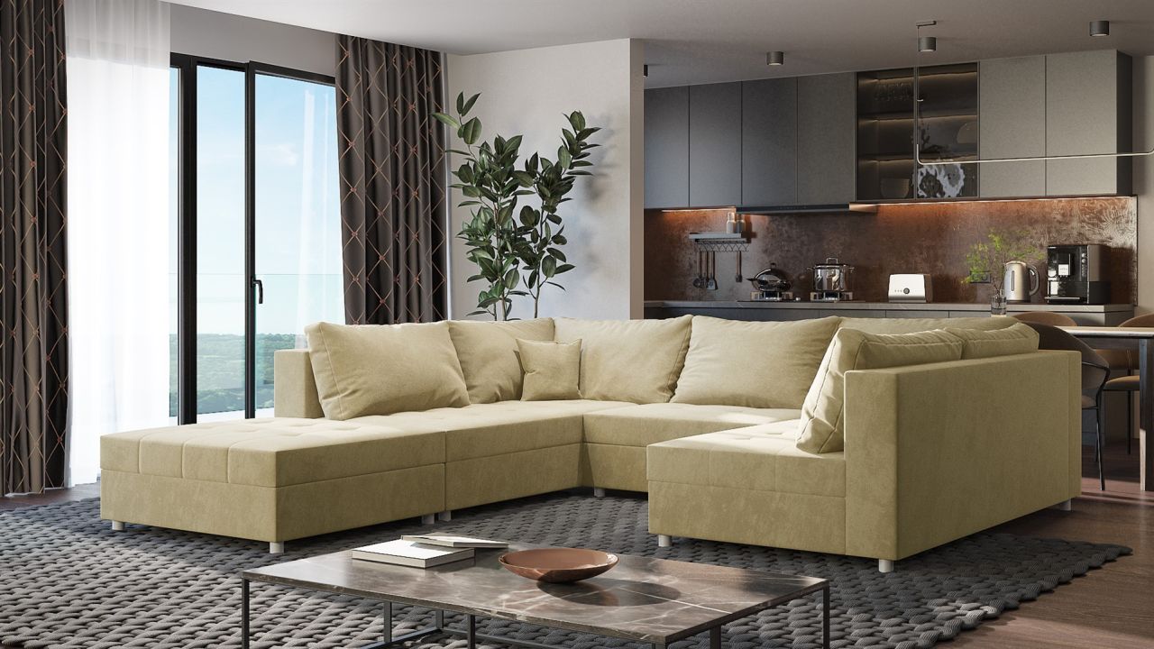 Wohnlandschaft Sofa ANDRO Schlaffunktion und Hocker Stoff Fresh Latte