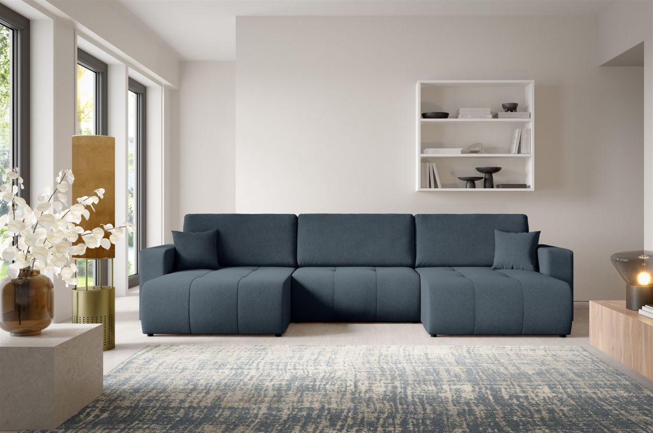 Wohnlandschaft Sofa mit Schlaffunktion AUGUSTO in Stoff Wind Dunkelblau
