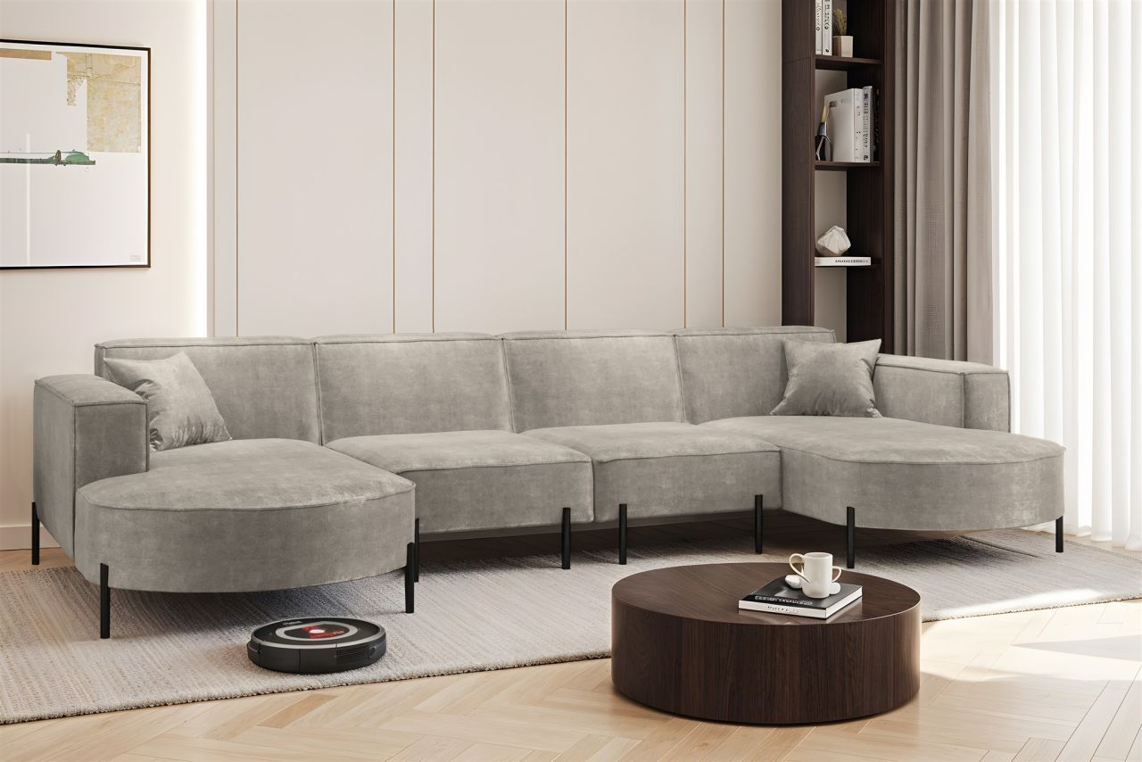 Wohnlandschaft U-Form Sofa VALENCIA XL in Stoff Noel Hellgrau