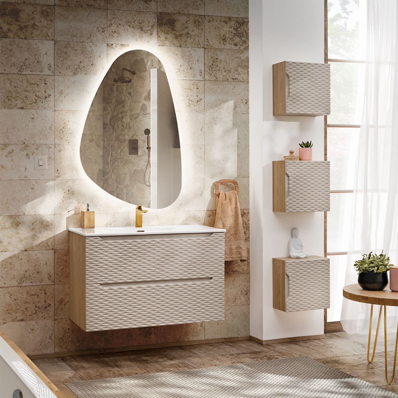 Badmöbel Set 5-tlg Badezimmerset LAXY Eiche Beige Schrank 80cm inkl. Waschtisch