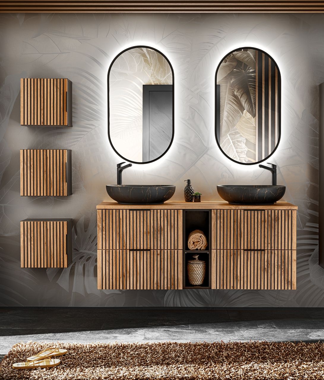 Badmöbel Set 8-tlg Badezimmerset ARMON Wotan Eiche Schrank 140cm ohne Waschtisch