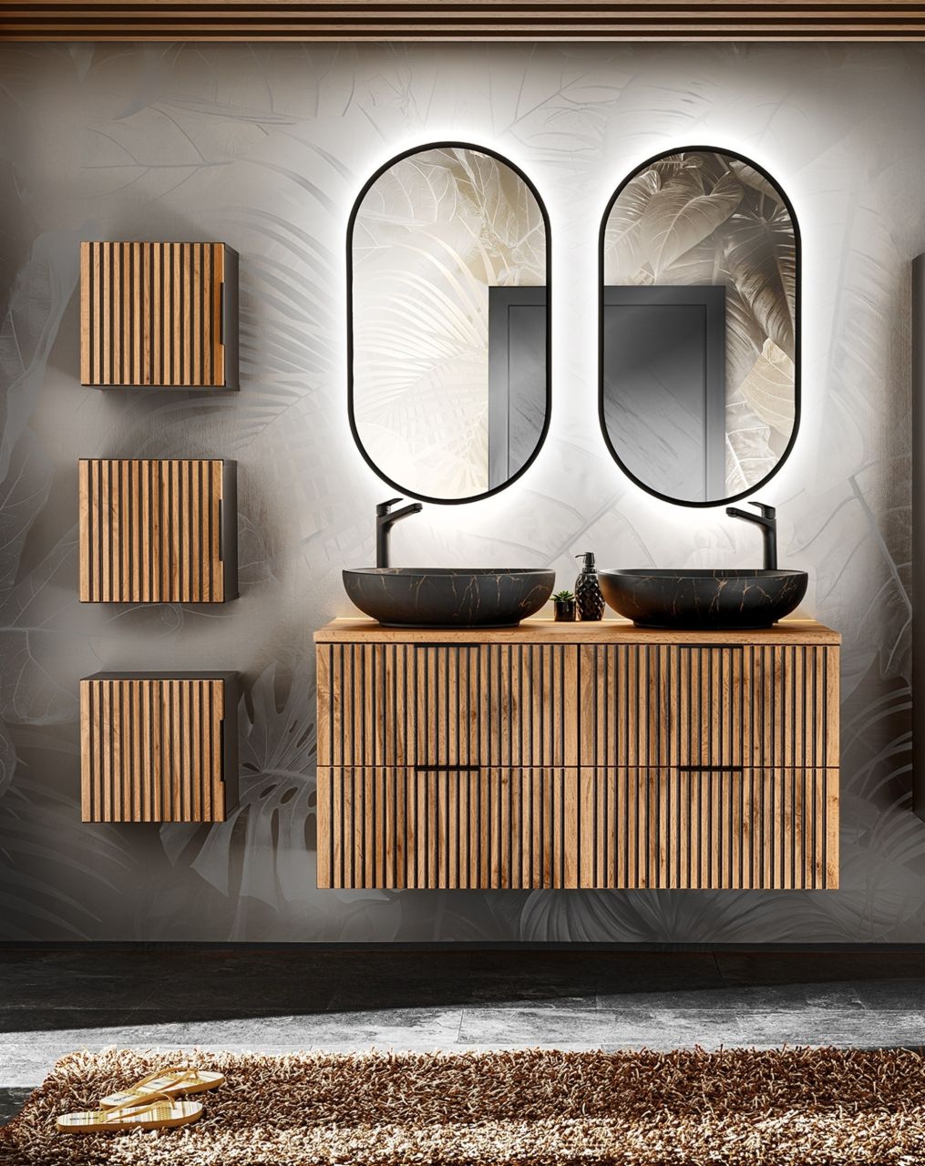 Badmöbel Set 9-tlg Badezimmerset ARMON Wotan Eiche Schrank 120cm inkl. 2 x Wa...