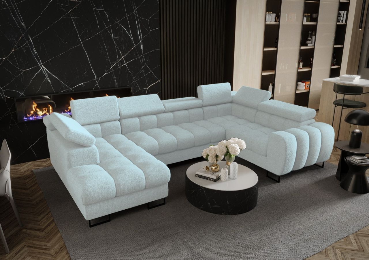 Wohnlandschaft Schlafsofa BASTIEN in Stoff Aragon Sky Ottomane Links